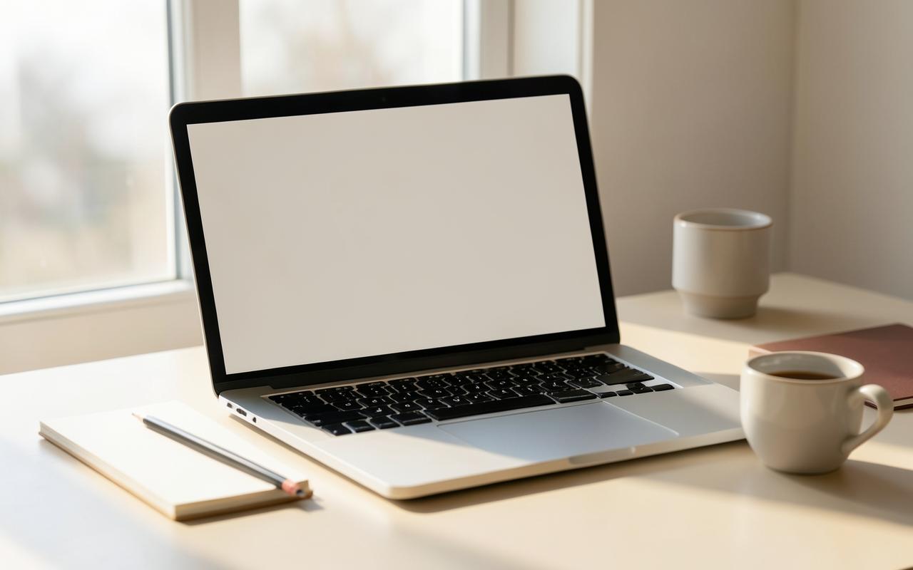 Ruhiger Arbeitsplatz mit Laptop, Notizbuch und Tasse für die Online-Beratung