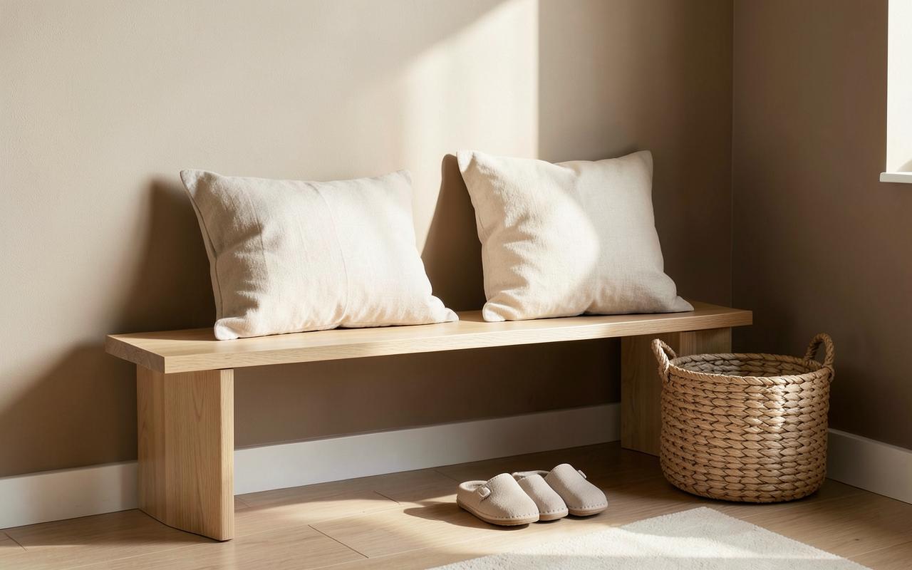 Ruhiger Eingangsbereich mit Holzbank, Kissen und kleinen Hausschuhen