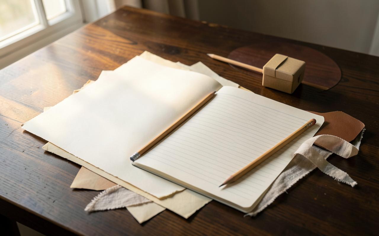 Notizbuch, Papier und Erinnerungsbox auf einem dunklen Holztisch